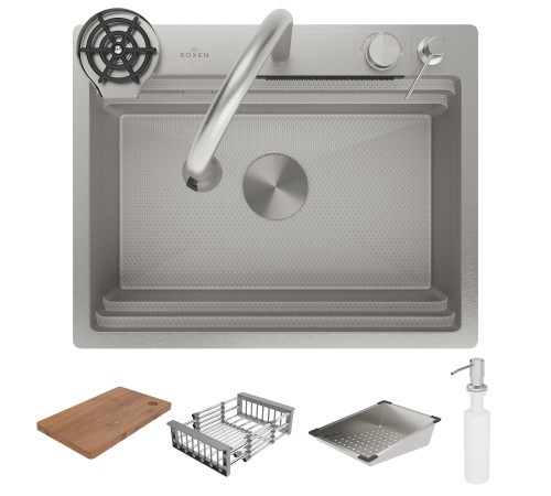 Кухонная мойка Roxen Stage Plus 560250-60-S многофункциональная в комплекте со смесителем, двумя коландерами, ринзером и дозатором сатин Кухонная мойка Roxen Stage Plus 560250-60-S многофункциональная в комплекте со смесителем, двумя коландерами, ринзером и дозатором сатин