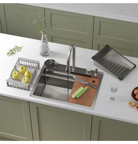 Кухонная мойка Roxen Stage Plus 560250-60 многофункциональная в комплекте со смесителем, двумя коландерами, ринзером и дозатором  600х480х220  сатин