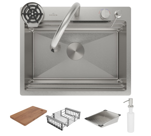 Кухонная мойка Roxen Stage Plus 560250-60 многофункциональная в комплекте со смесителем, двумя коландерами, ринзером и дозатором сатин Кухонная мойка Roxen Stage Plus 560250-60 многофункциональная в комплекте со смесителем, двумя коландерами, ринзером и дозатором сатин
