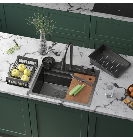 Кухонная мойка Roxen Stage Plus 560250-60B многофункциональная в комплекте со смесителем, двумя коландерами, ринзером и дозатором  600х480х220  графит