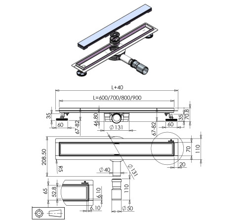 Душевой трап Roxen Black Glass двусторонний под плитку 91030-70  Душевой трап Roxen Black Glass двусторонний под плитку 91030-70