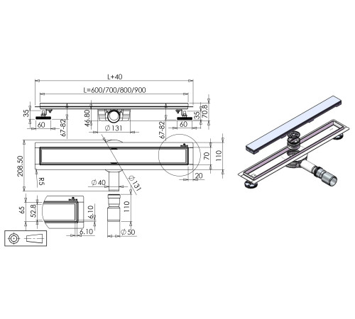 Душевой трап Roxen Black Glass двусторонний под плитку 91030-70  Душевой трап Roxen Black Glass двусторонний под плитку 91030-70