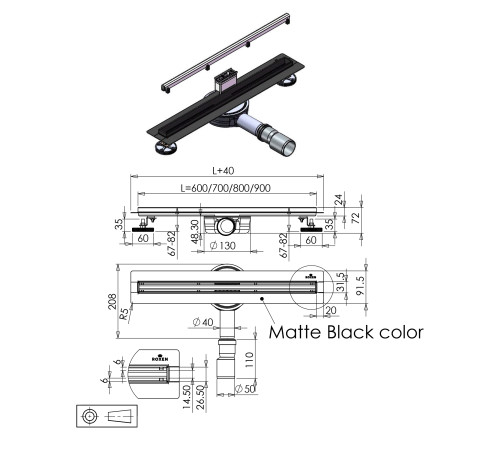 Душевой трап Roxen Supra Black Slim двусторонний под плитку 91070-60  Душевой трап Roxen Supra Black Slim двусторонний под плитку 91070-60