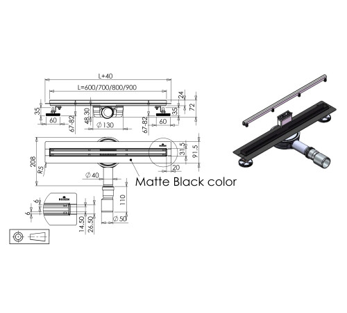Душевой трап Roxen Supra Black Slim двусторонний под плитку 91070-60  Душевой трап Roxen Supra Black Slim двусторонний под плитку 91070-60