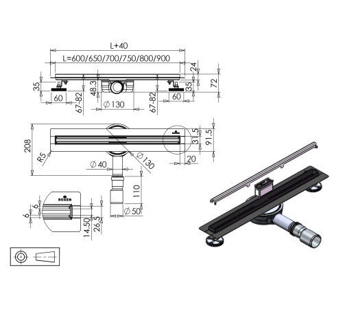 Душевой трап Roxen Supra Chrome Slim двусторонний под плитку 91060-80  Душевой трап Roxen Supra Chrome Slim двусторонний под плитку 91060-80