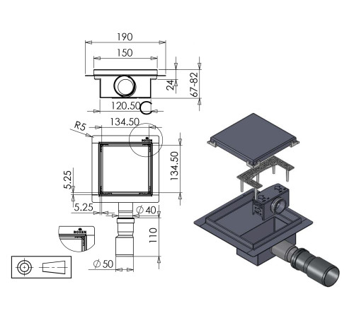 Душевой трап Roxen Square двусторонний под плитку 91080-150  Душевой трап Roxen Square двусторонний под плитку 91080-150