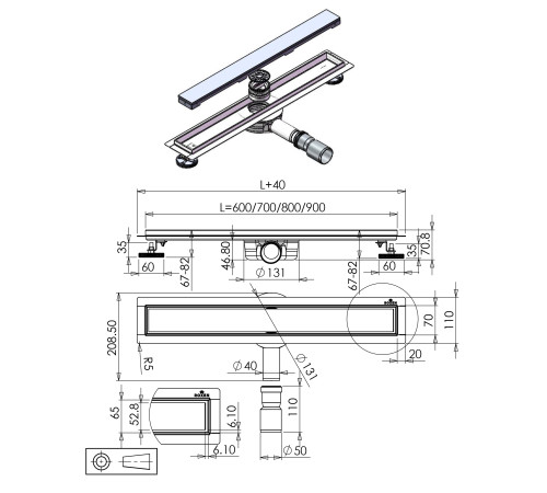  Душевой трап Roxen White Glass двусторонний под плитку 91040-80