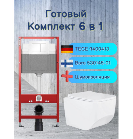 Комплект 6 в 1: инсталляция Tece c кнопкой 9400413 и унитазом Roxen Boro 530145-01 Rimless Soft Close
