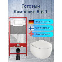 Комплект 6 в 1: инсталляция Tece 9400413 c кнопкой и подвесным унитазом Roxen EGG 530170-01 Rimless Soft Close