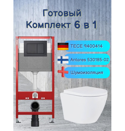 Комплект 6 в 1: инсталляция Tece 9400414 c кнопкой и унитазом Roxen Antares 530185-02 Rimless Soft Close