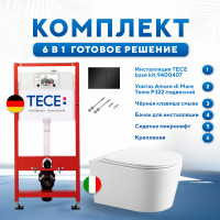 Комплект 6 в 1: инсталляция TECEbase kit 9400407 с черной кнопкой и подвесным унитазом Amore di Mare Temo P322