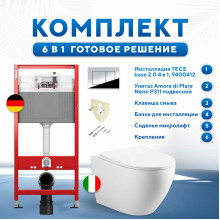 Комплект 6 в 1: инсталляция TECEbase kit 9400412 с кнопкой хром и подвесным унитазом Amore di Mare Nemi P311