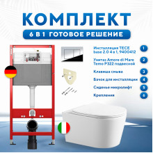 Комплект 6 в 1: инсталляция TECEbase kit 9400412 с кнопкой хром и подвесным унитазом Amore di Mare Temo P322