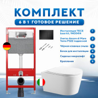 Комплект 6 в 1: инсталляция TECEbase kit 9400414 с черной кнопкой и подвесным унитазом Amore di Mare Temo P322