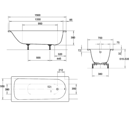 Стальная ванна Kaldewei Eurowa 150x70 (119612030001)