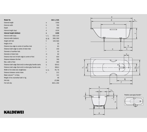 Стальная ванна Kaldewei Advantage Saniform Plus 363-1 170x70 (111800010001)