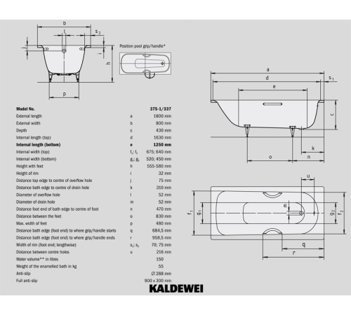 Стальная ванна Kaldewei Advantage Saniform Plus 375-1 180x80 (112800010001)