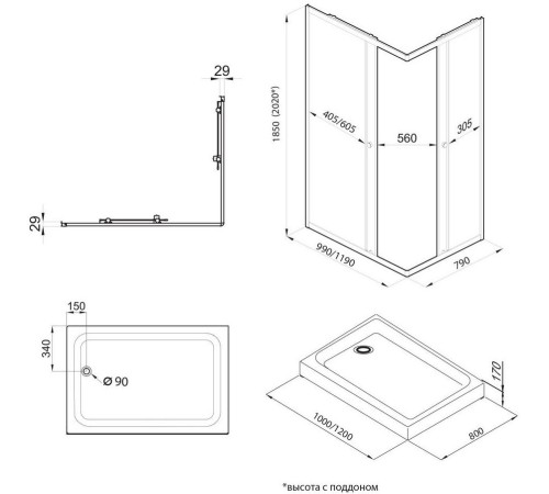 Душевой уголок Triton Вента Блэк А1 100х80 с поддоном (000002202)