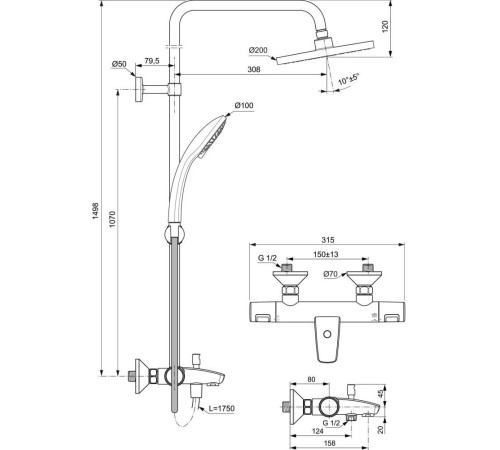 Душевая стойка Ideal Standard CERATHERM T25 A7590AA с термостатом и изливом хром