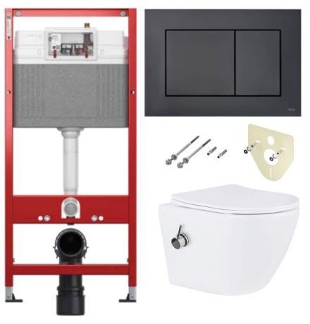 Комплект 6 в 1: инсталляция TECEbase kit 9400414 с черной кнопкой и подвесным унитазом Amore di Mare Delio Bidet P203-X