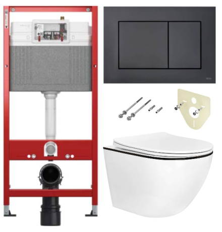 Комплект 6 в 1: инсталляция TECEbase kit 9400414 с черной кнопкой и подвесным унитазом Amore di Mare Delio P203B