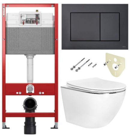 Комплект 6 в 1: инсталляция TECEbase kit 9400414 с черной кнопкой и подвесным унитазом Amore di Mare Delio P203S