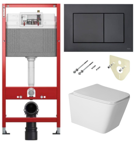 Комплект 6 в 1: инсталляция TECEbase kit 9400414 с черной кнопкой и подвесным унитазом Amore di Mare Tassaro Tornado P202-T