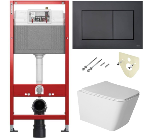Комплект 6 в 1: инсталляция TECEbase kit 9400414 с черной кнопкой и подвесным унитазом Amore di Mare Tassaro Tornado P202-T