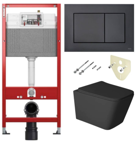 Комплект 6 в 1: инсталляция TECEbase kit 9400414 с черной кнопкой и подвесным унитазом Amore di Mare assaro Tornado P202MB-T