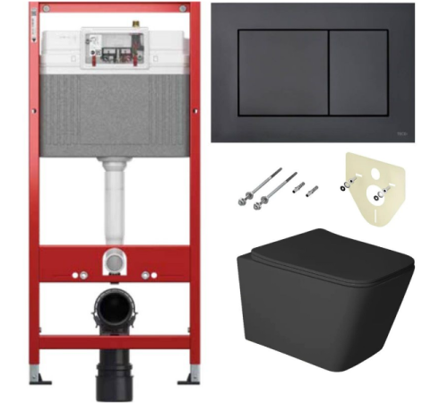 Комплект 6 в 1: инсталляция TECEbase kit 9400414 с черной кнопкой и подвесным унитазом Amore di Mare assaro Tornado P202MB-T