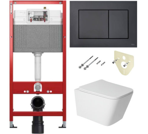 Комплект 6 в 1: инсталляция TECEbase kit 9400414 с черной кнопкой и подвесным унитазом Amore di Mare assaro Tornado P202MW-T