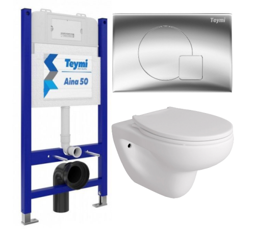 Комплект: инсталляция Teymi Aina 50 T70033 с кнопкой T70022CH и подвесным унитазом Teymi Hanna Pro T40901