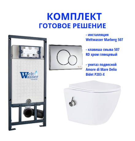 Комплект инсталляции Weltwasser Marberg 507 с кнопкой 507 RD и подвесным унитазом Amore di Mare Delio Bidet P203-X 