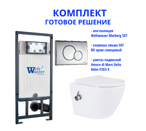 Комплект инсталляции Weltwasser Marberg 507 с кнопкой 507 RD и подвесным унитазом Amore di Mare Delio Bidet P203-X 