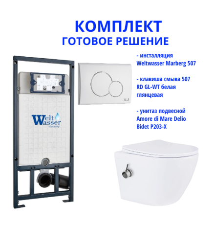 Комплект инсталляции Weltwasser Marberg 507 с кнопкой 507 RD GL-WT и подвесным унитазом Amore di Mare Delio Bidet P203-X 
