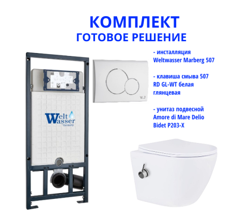Комплект инсталляции Weltwasser Marberg 507 с кнопкой 507 RD GL-WT и подвесным унитазом Amore di Mare Delio Bidet P203-X 
