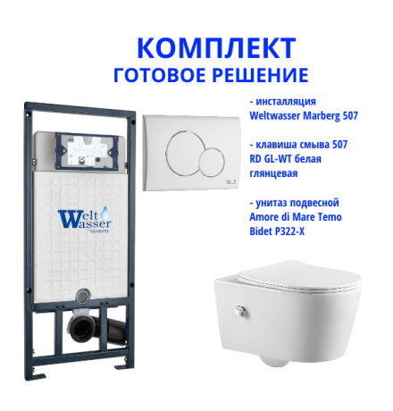 Комплект инсталляции Weltwasser Marberg 507 с кнопкой 507 RD GL-WT и подвесным унитазом Amore di Mare Temo Bidet P322-X