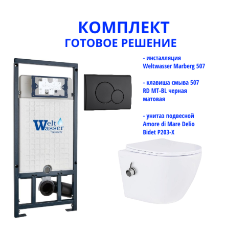 Комплект инсталляции Weltwasser Marberg 507 с кнопкой 507 RD MT-BL и подвесным унитазом Amore di Mare Delio Bidet P203-X 