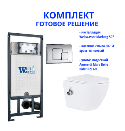 Комплект инсталляции Weltwasser Marberg 507 с кнопкой 507 SE  и подвесным унитазом Amore di Mare Delio Bidet P203-X 