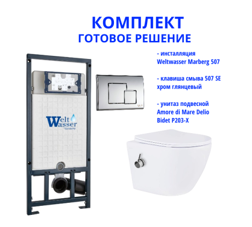 Комплект инсталляции Weltwasser Marberg 507 с кнопкой 507 SE  и подвесным унитазом Amore di Mare Delio Bidet P203-X 