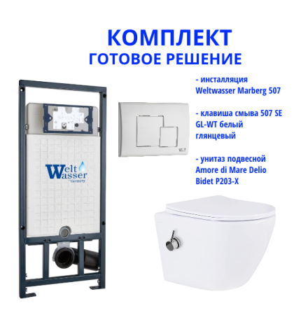 Комплект инсталляции Weltwasser Marberg 507 с кнопкой 507 SE GL-WT и подвесным унитазом Amore di Mare Delio Bidet P203-X 