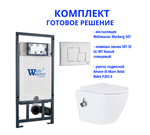 Комплект инсталляции Weltwasser Marberg 507 с кнопкой 507 SE GL-WT и подвесным унитазом Amore di Mare Delio Bidet P203-X 