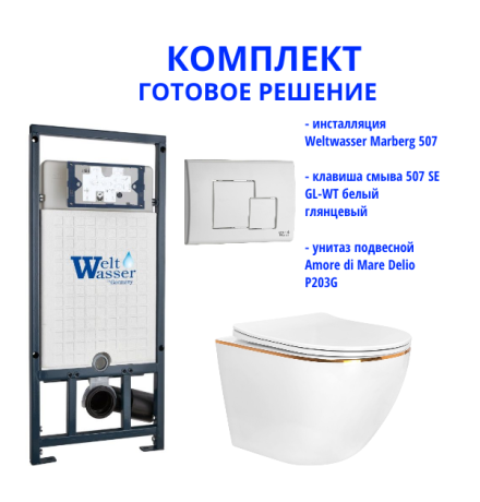 Комплект инсталляции Weltwasser Marberg 507 с кнопкой 507 SE GL-WT и подвесным унитазом Amore di Mare Delio P203G