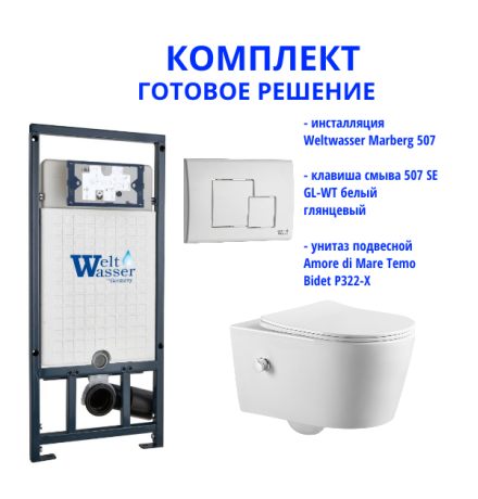 Комплект инсталляции Weltwasser Marberg 507 с кнопкой 507 SE GL-WT и подвесным унитазом Amore di Mare Temo Bidet P322-X