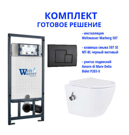 Комплект инсталляции Weltwasser Marberg 507 с кнопкой 507 SE MT-BL и подвесным унитазом Amore di Mare Delio Bidet P203-X 