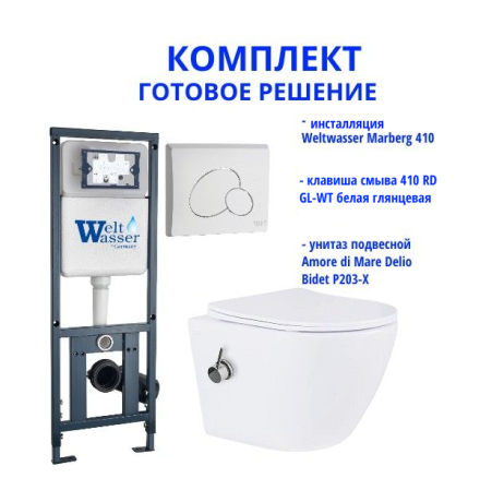 Комплект инсталляции Weltwasser Marberg 410 с кнопкой 410 RD GL-WT и подвесным унитазом Amore di Mare Delio Bidet P203-X 