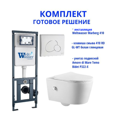 Комплект инсталляции Weltwasser Marberg 410 с кнопкой 410 RD GL-WT и подвесным унитазом Amore di Mare Temo Bidet P322-X