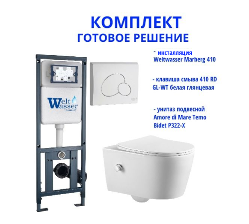 Комплект инсталляции Weltwasser Marberg 410 с кнопкой 410 RD GL-WT и подвесным унитазом Amore di Mare Temo Bidet P322-X