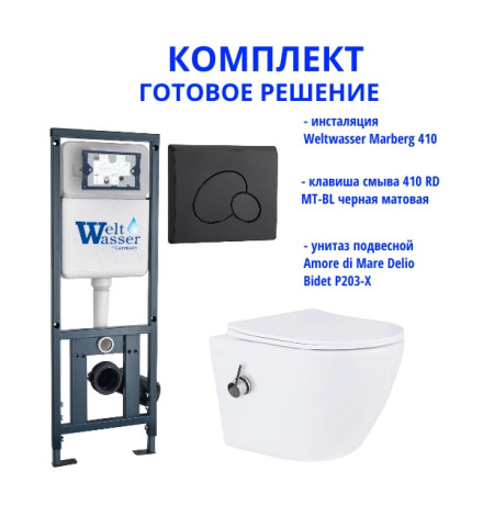 Комплект инсталляции Weltwasser Marberg 410 с кнопкой 410 RD MT-BL и подвесным унитазом Amore di Mare Delio Bidet P203-X 