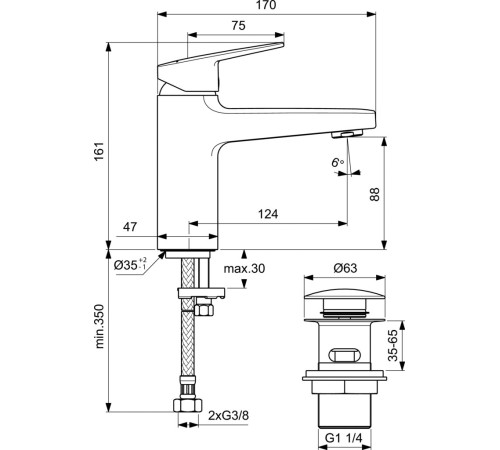 Смеситель для умывальника  Ideal Standard   CERAPLAN H90 с донным клапаном Click    BD229AA 